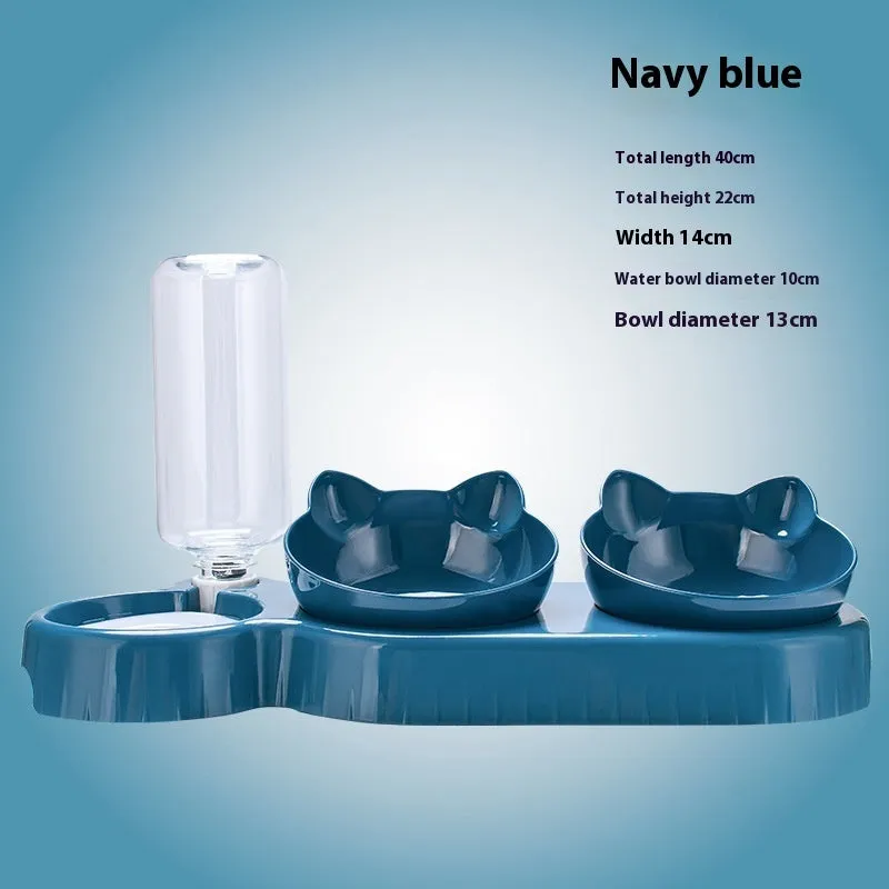 Dark blue plastic double bowl pet feeding set for dogs and cats on a plain background