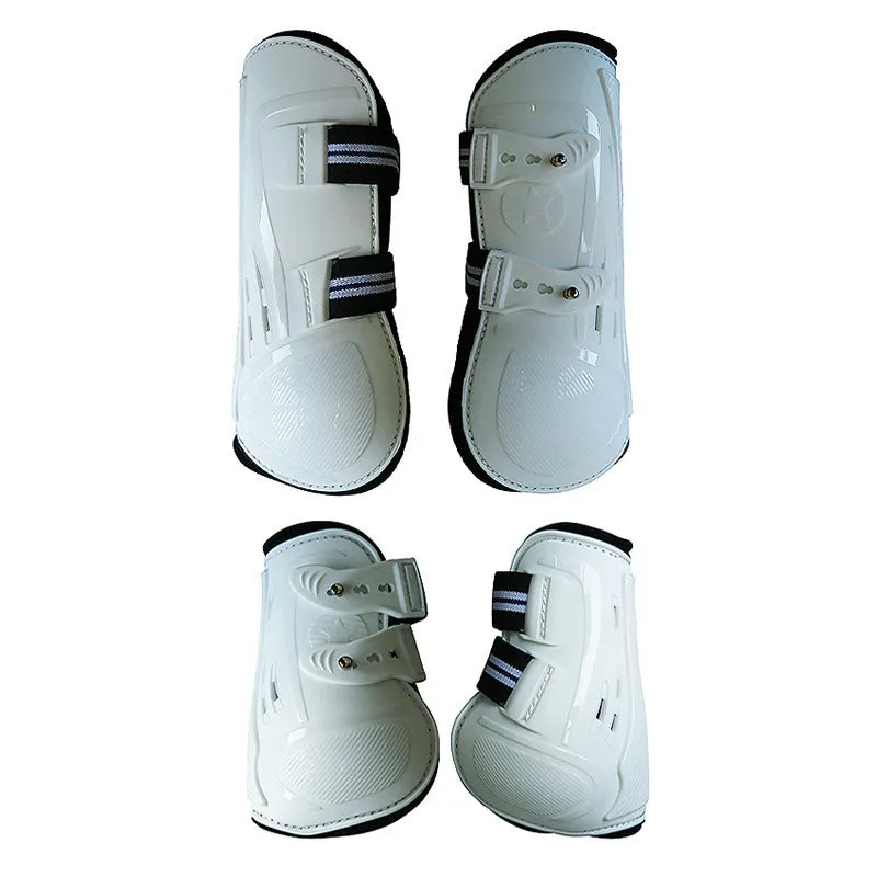 Horse leg guards with PU hard shell, elastic neoprene fit, and ventilation air holes in multiple colour options