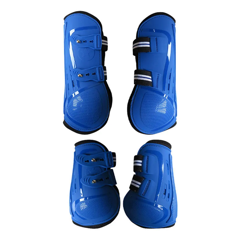 Horse leg guards with PU hard shell, elastic neoprene fit, and ventilation air holes in multiple colour options