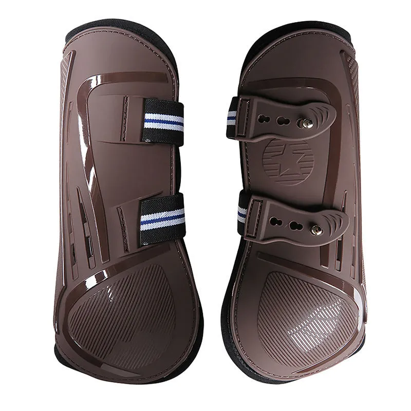 Horse leg guards with PU hard shell, elastic neoprene fit, and ventilation air holes in multiple colour options