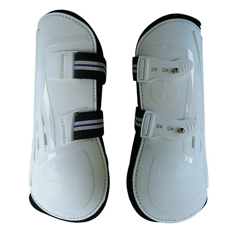 Horse leg guards with PU hard shell, elastic neoprene fit, and ventilation air holes in multiple colour options