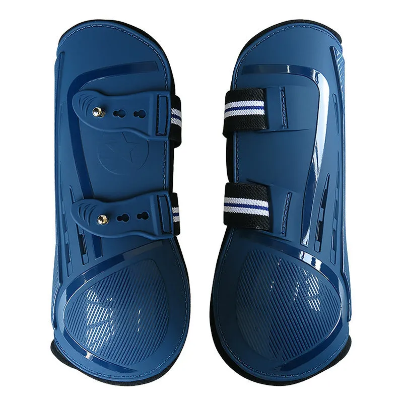 Horse leg guards with PU hard shell, elastic neoprene fit, and ventilation air holes in multiple colour options