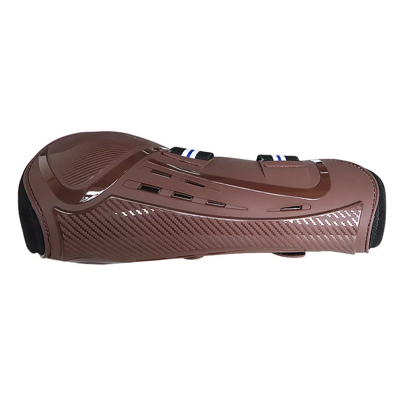 Horse leg guards with PU hard shell, elastic neoprene fit, and ventilation air holes in multiple colour options