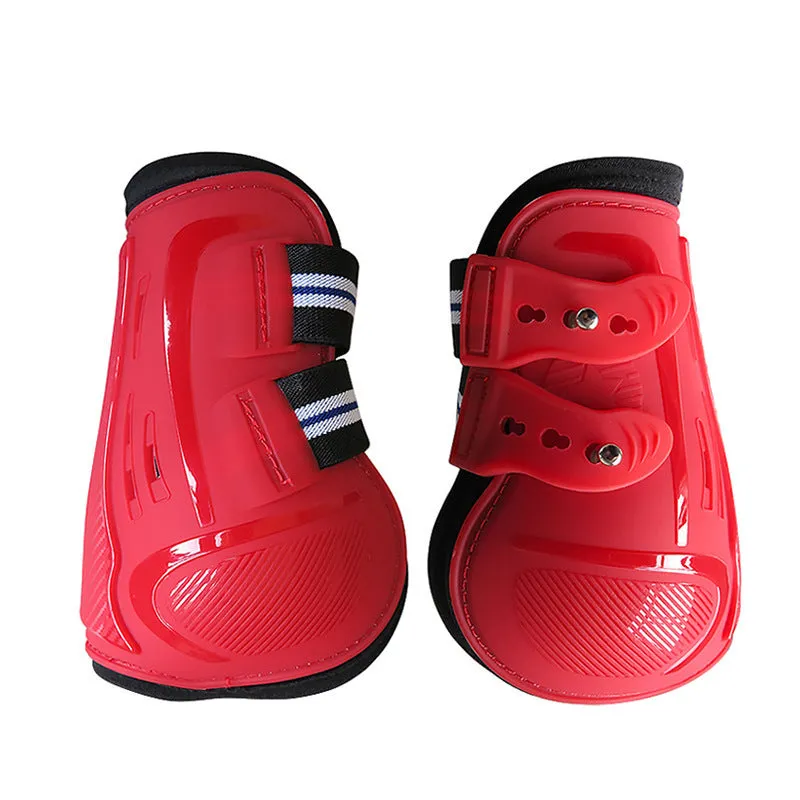 Horse leg guards with PU hard shell, elastic neoprene fit, and ventilation air holes in multiple colour options