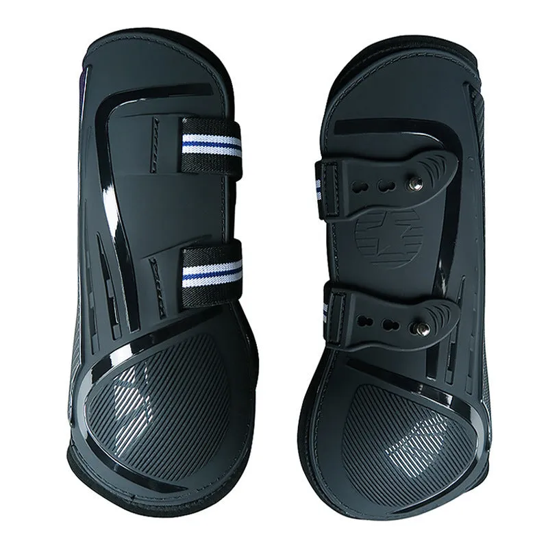 Horse leg guards with PU hard shell, elastic neoprene fit, and ventilation air holes in multiple colour options