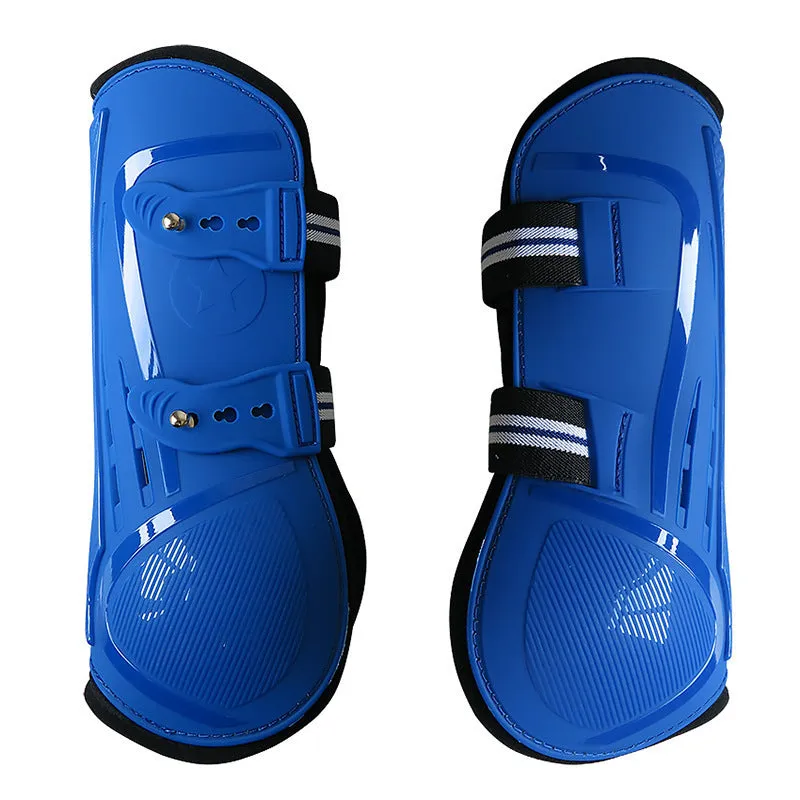 Horse leg guards with PU hard shell, elastic neoprene fit, and ventilation air holes in multiple colour options