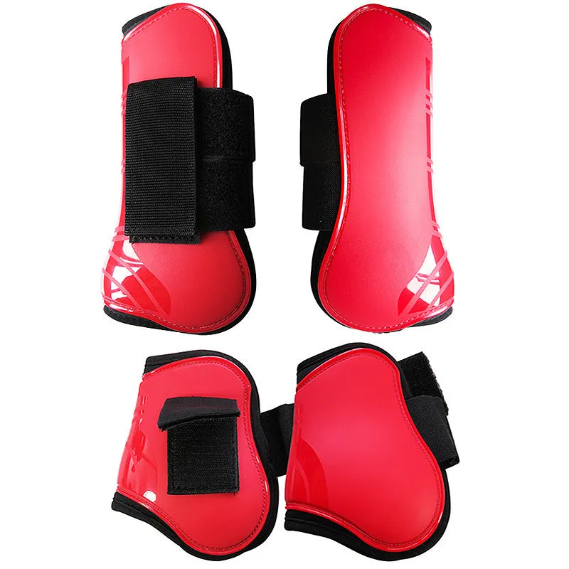 Horse leg guards in PU diving material, close-up on a front leg guard showing red colour and padded construction