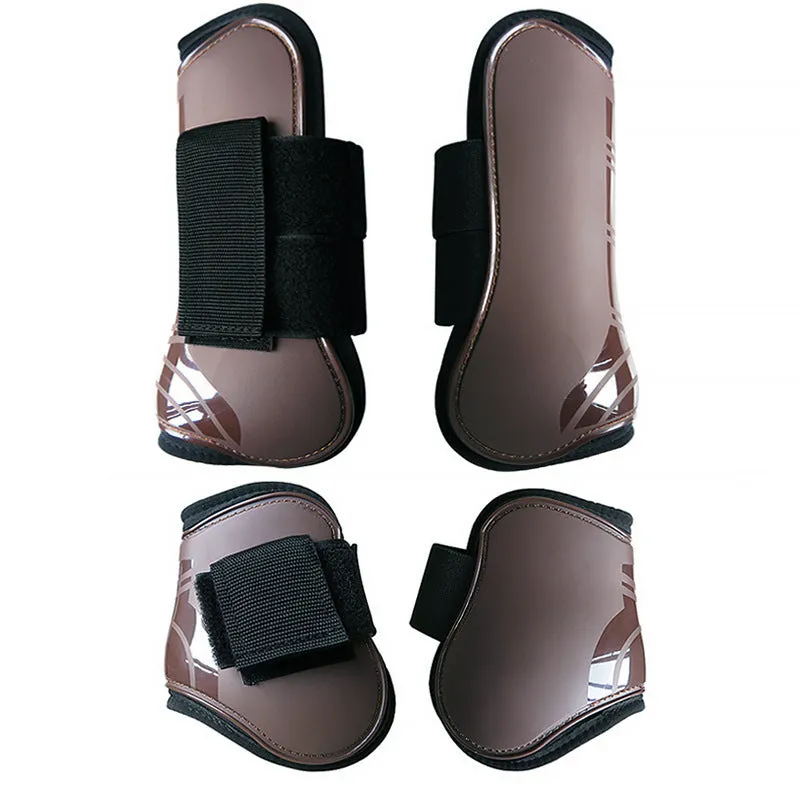 Horse leg guards in PU diving material, close-up on a front leg guard showing red colour and padded construction