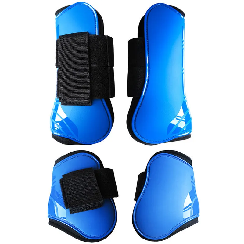 Horse leg guards in PU diving material, close-up on a front leg guard showing red colour and padded construction