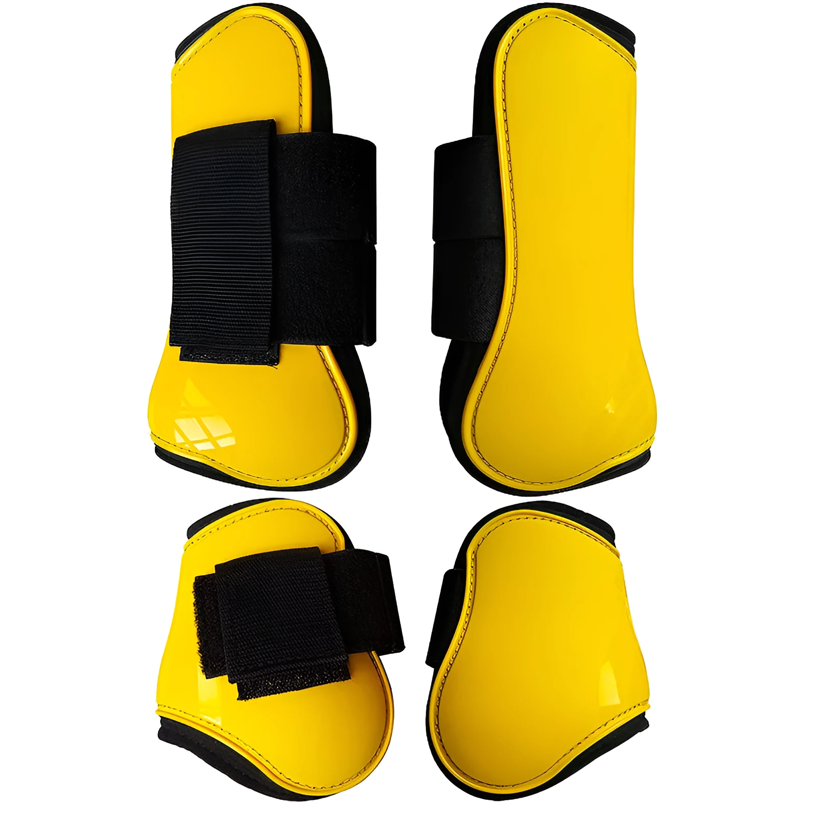 Horse leg guards in PU diving material, close-up on a front leg guard showing red colour and padded construction
