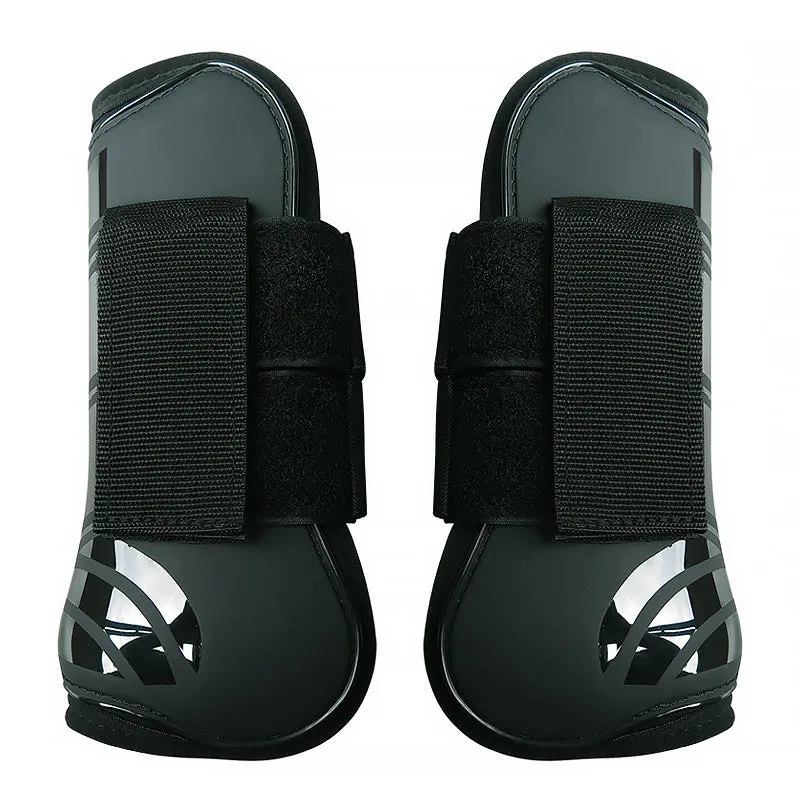 Horse leg guards in PU diving material, close-up on a front leg guard showing red colour and padded construction