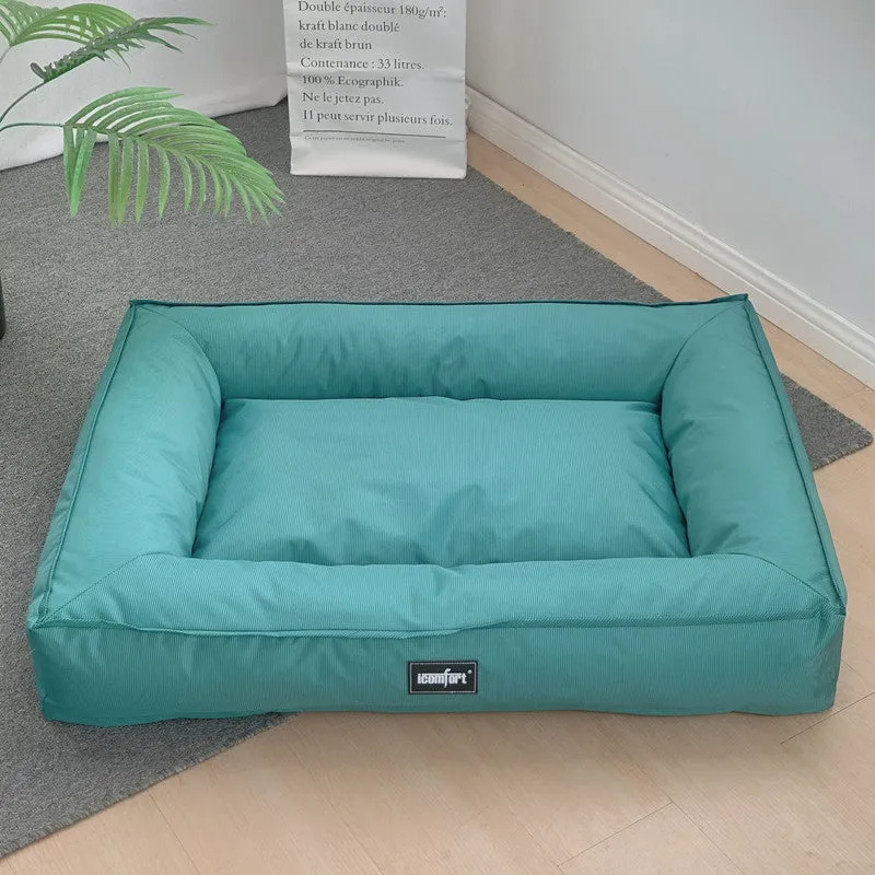 XL wooden waterproof dog mat in sky blue, removable from a kennel.