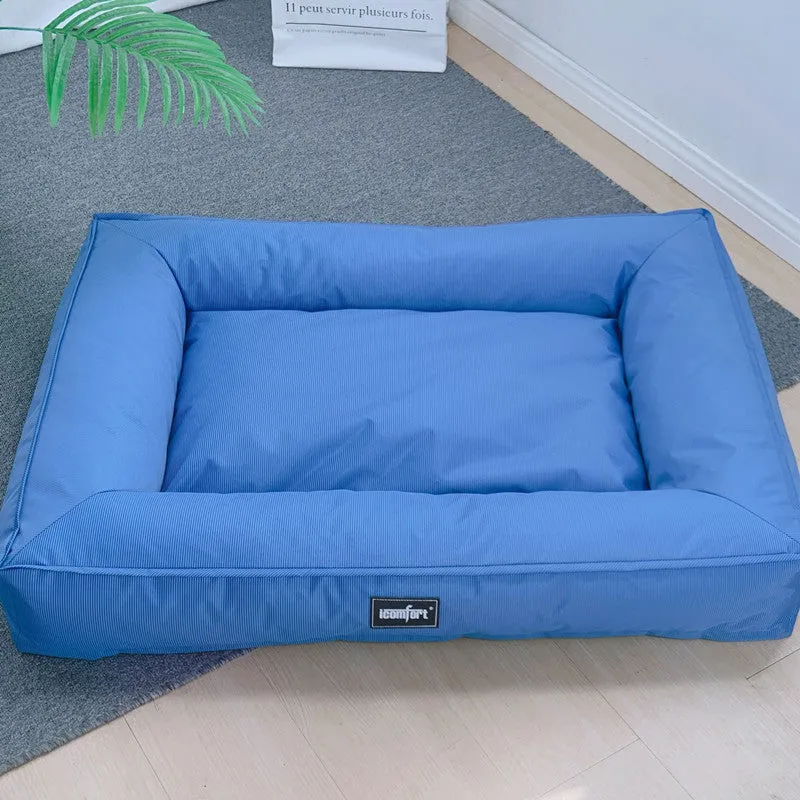 XL wooden waterproof dog mat in sky blue, removable from a kennel.