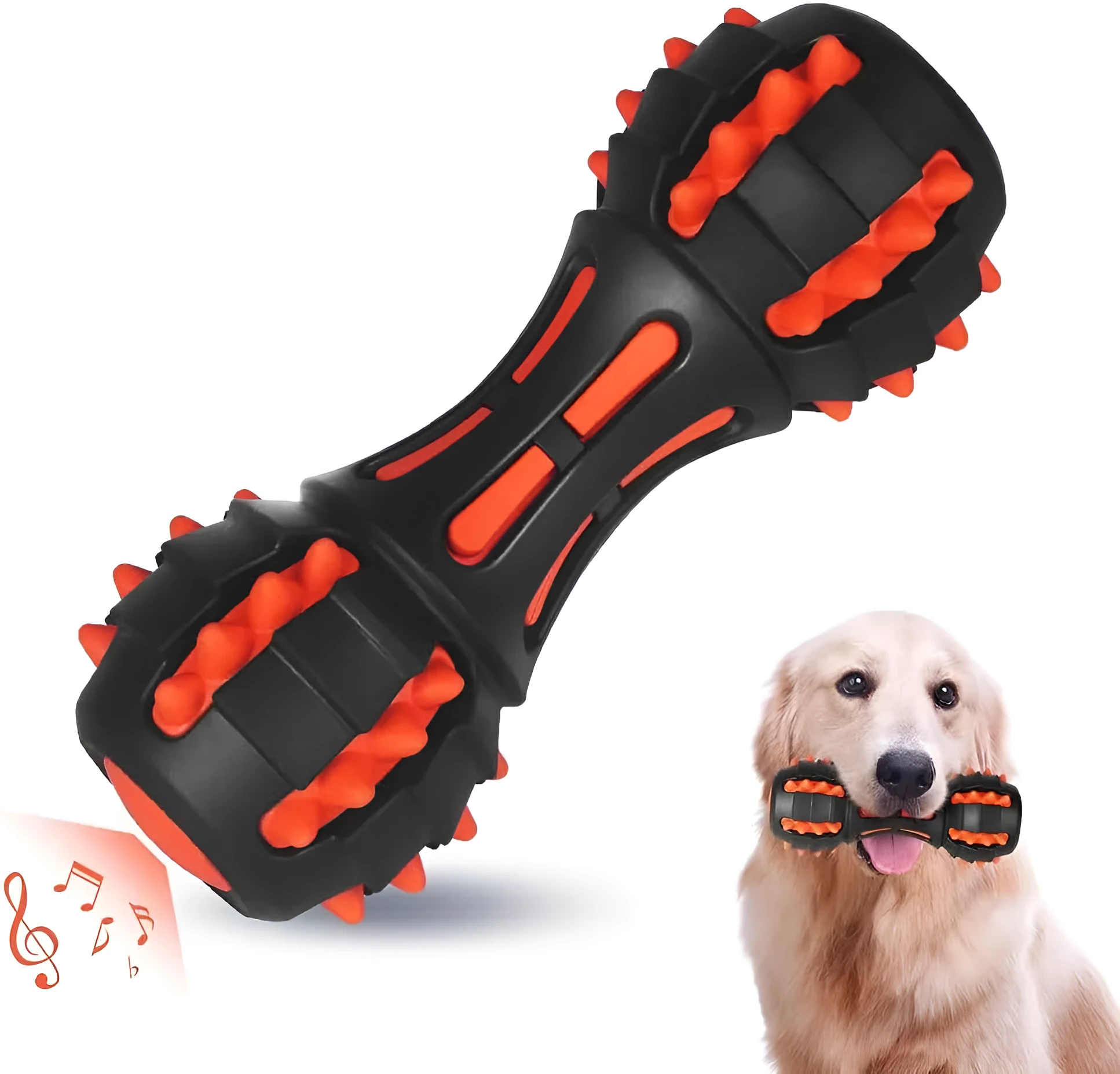 Red dumbbell-shaped durable rubber dog chew toy for large breeds on a white background.