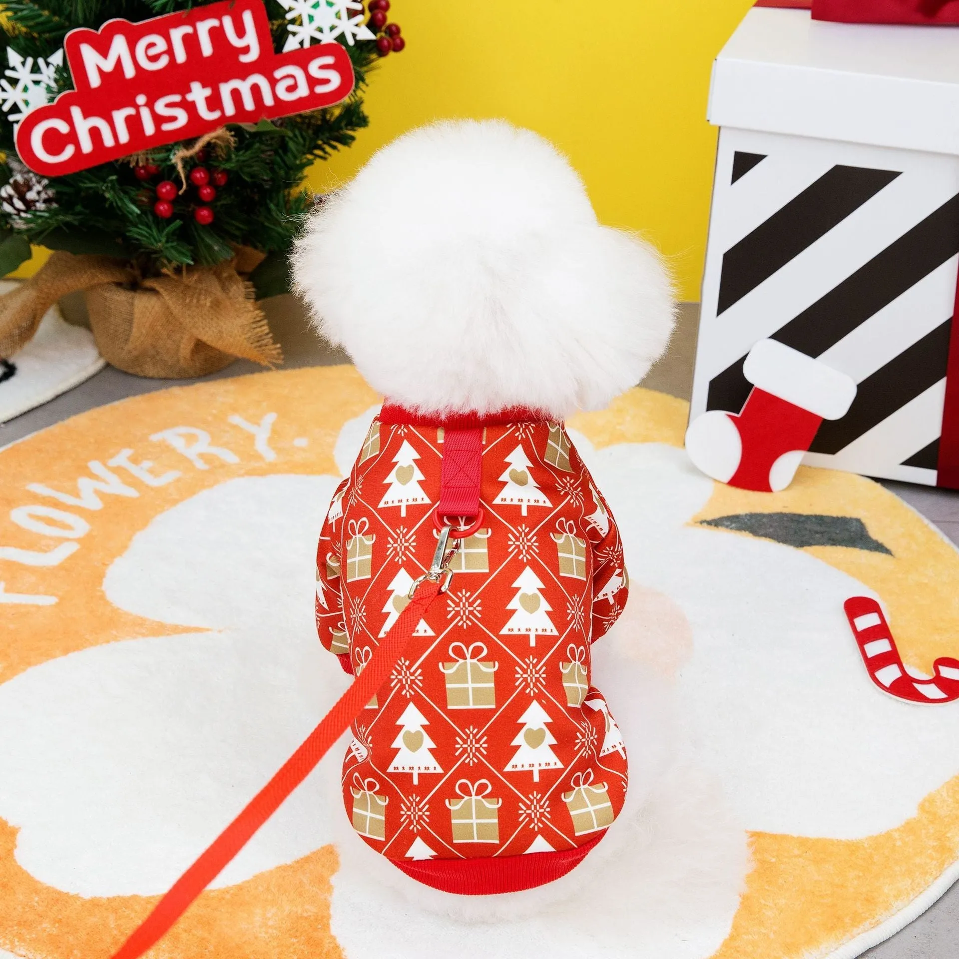 Festive green and red Christmas tree polyester hoodie for dogs, five sizes available