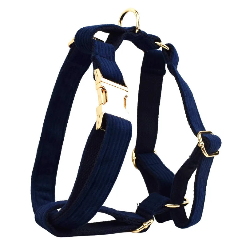 Navy blue corduroy dog collar and leash set with matching vest, poop bag, and decorative bow