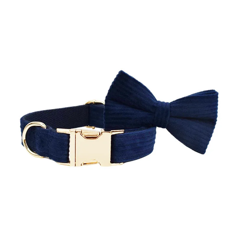 Navy blue corduroy dog collar and leash set with matching vest, poop bag, and decorative bow