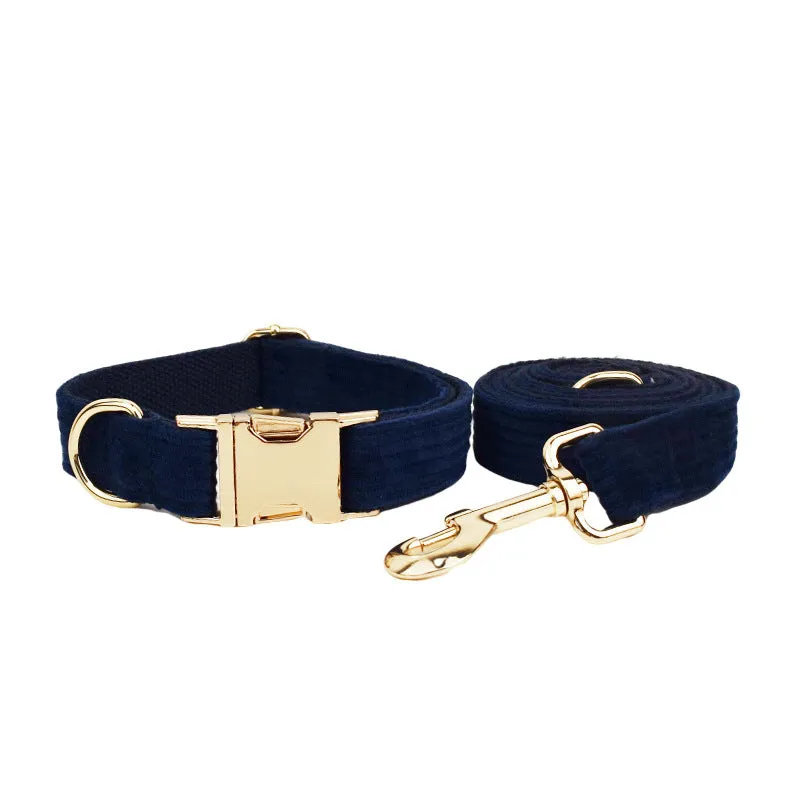 Navy blue corduroy dog collar and leash set with matching vest, poop bag, and decorative bow