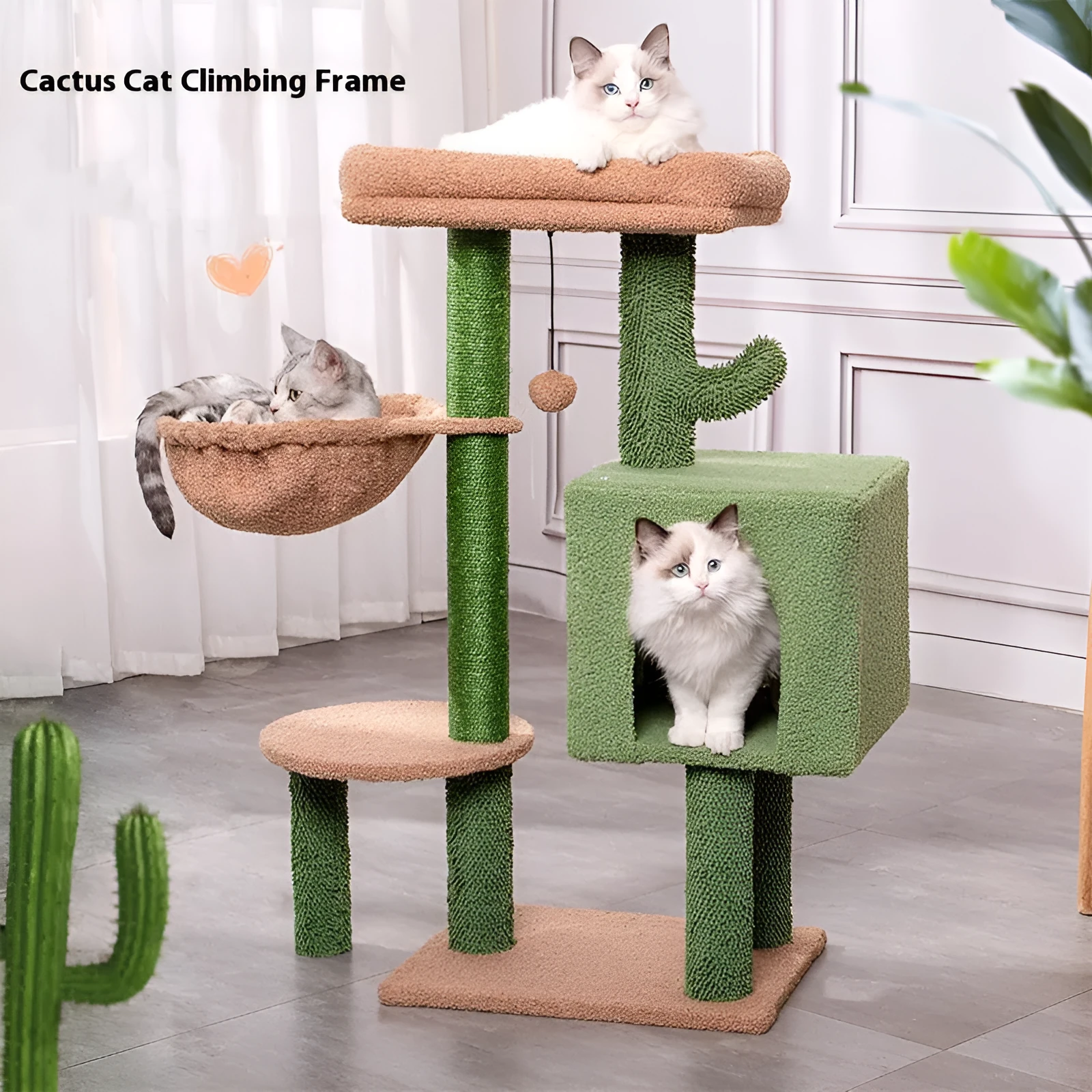 Cactus green wooden cat climbing frame with integrated shelf jumping platform measuring 43x33x87cm