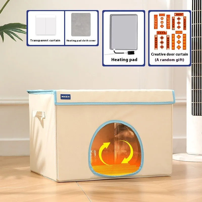 Beige and sky blue heated dog nest bed with removable cover, shown in medium 50cm and large 60cm sizes.