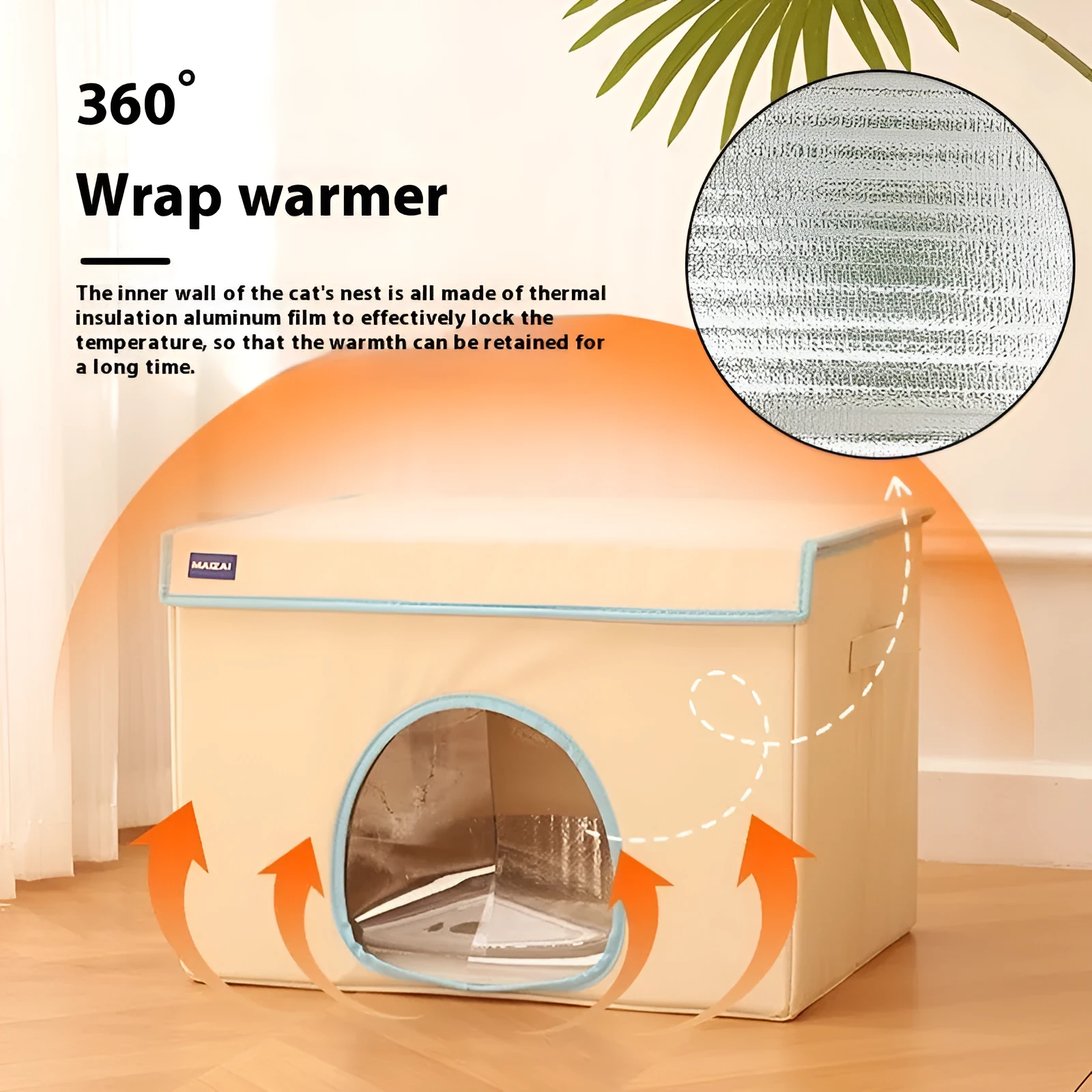 Beige and sky blue heated dog nest bed with removable cover, shown in medium 50cm and large 60cm sizes.