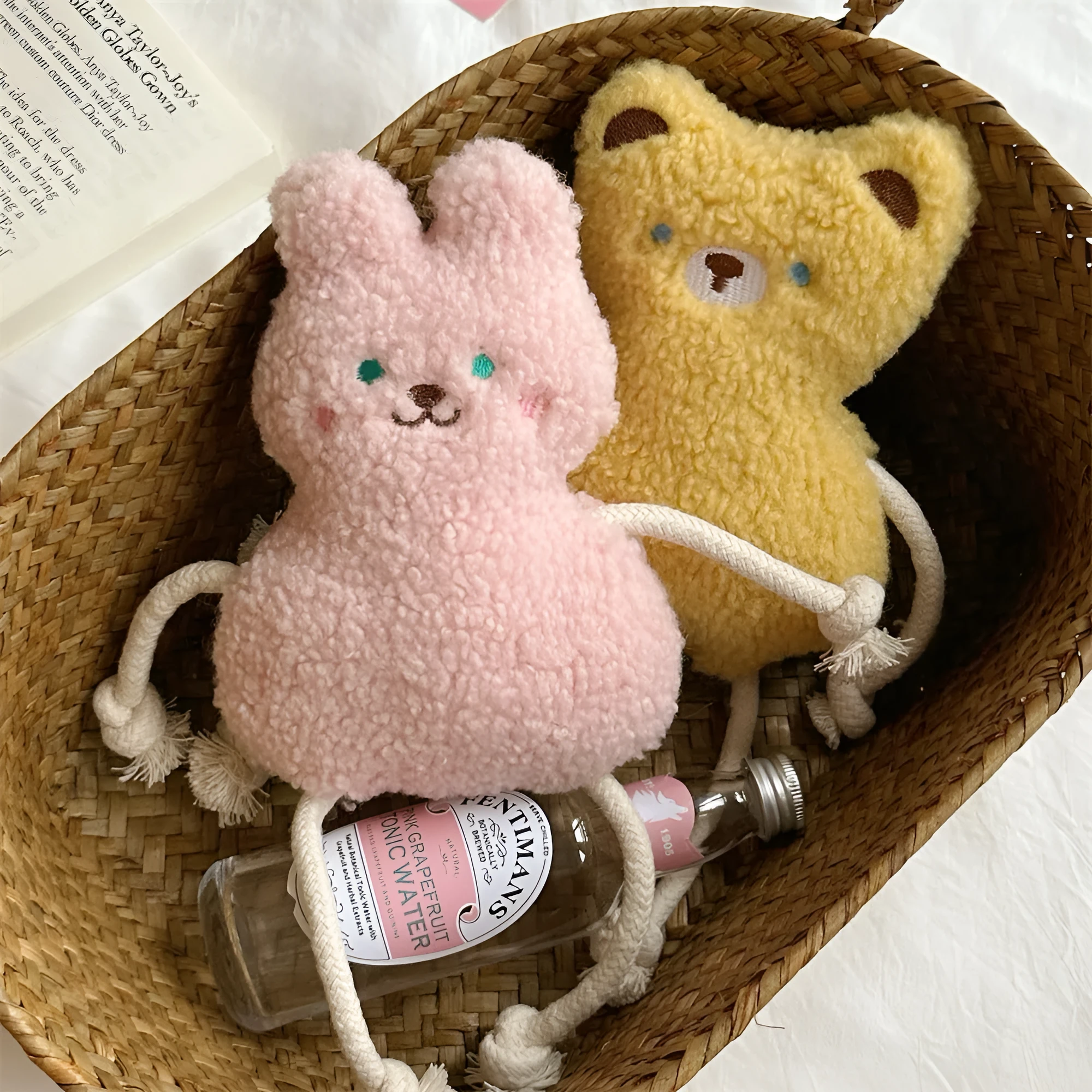 Korean pet plush dog toy with squeaker in pink or yellow colours