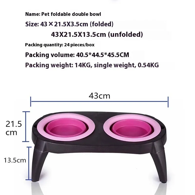 Blue folding double bowl dog feeder with separate food and water compartments