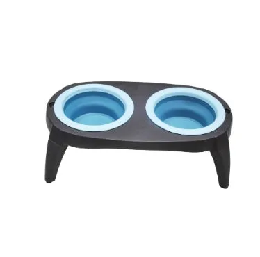 Blue folding double bowl dog feeder with separate food and water compartments