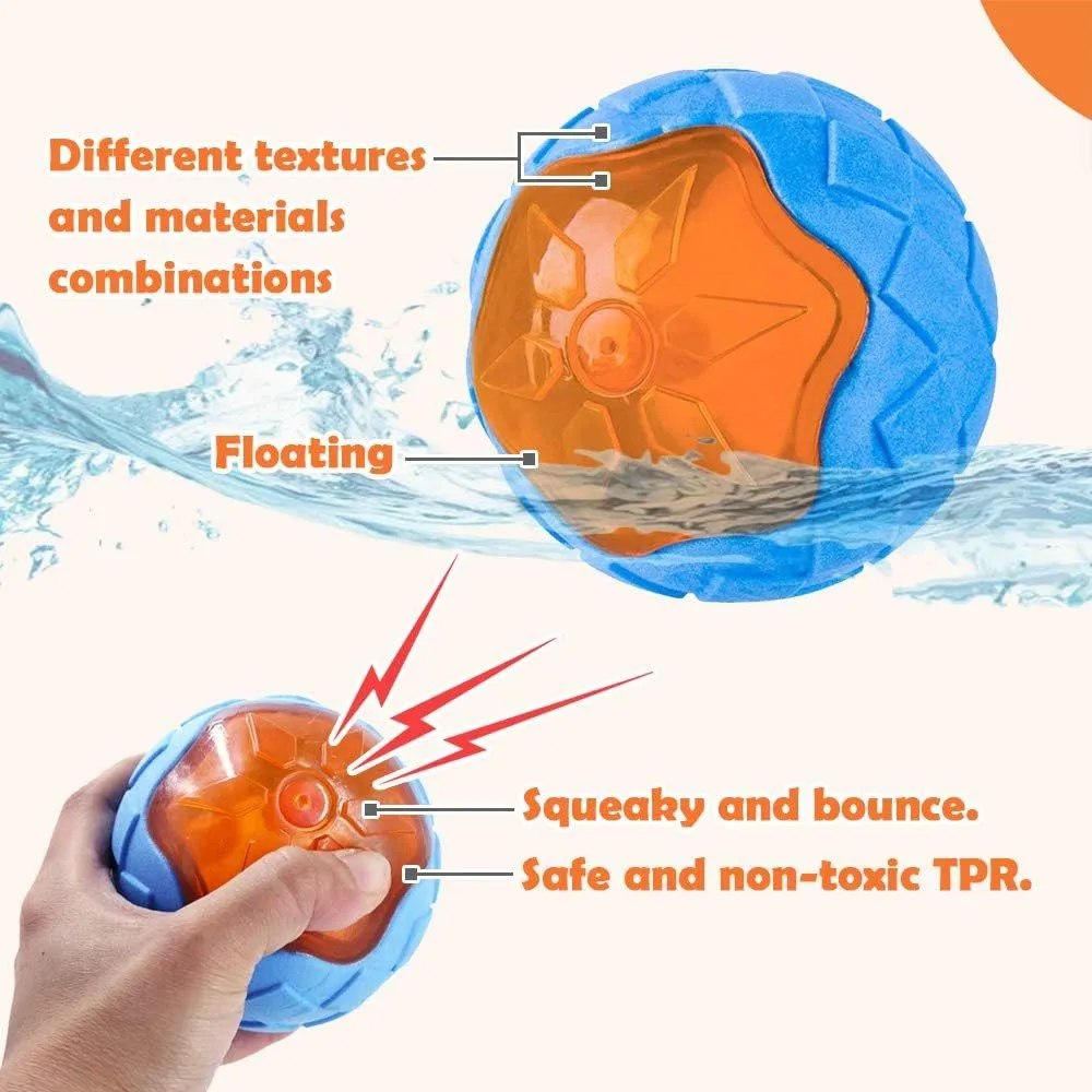 Set of three TPR dog toys: a blue ball, a red barbell, and an orange tyre with bumpy textures.