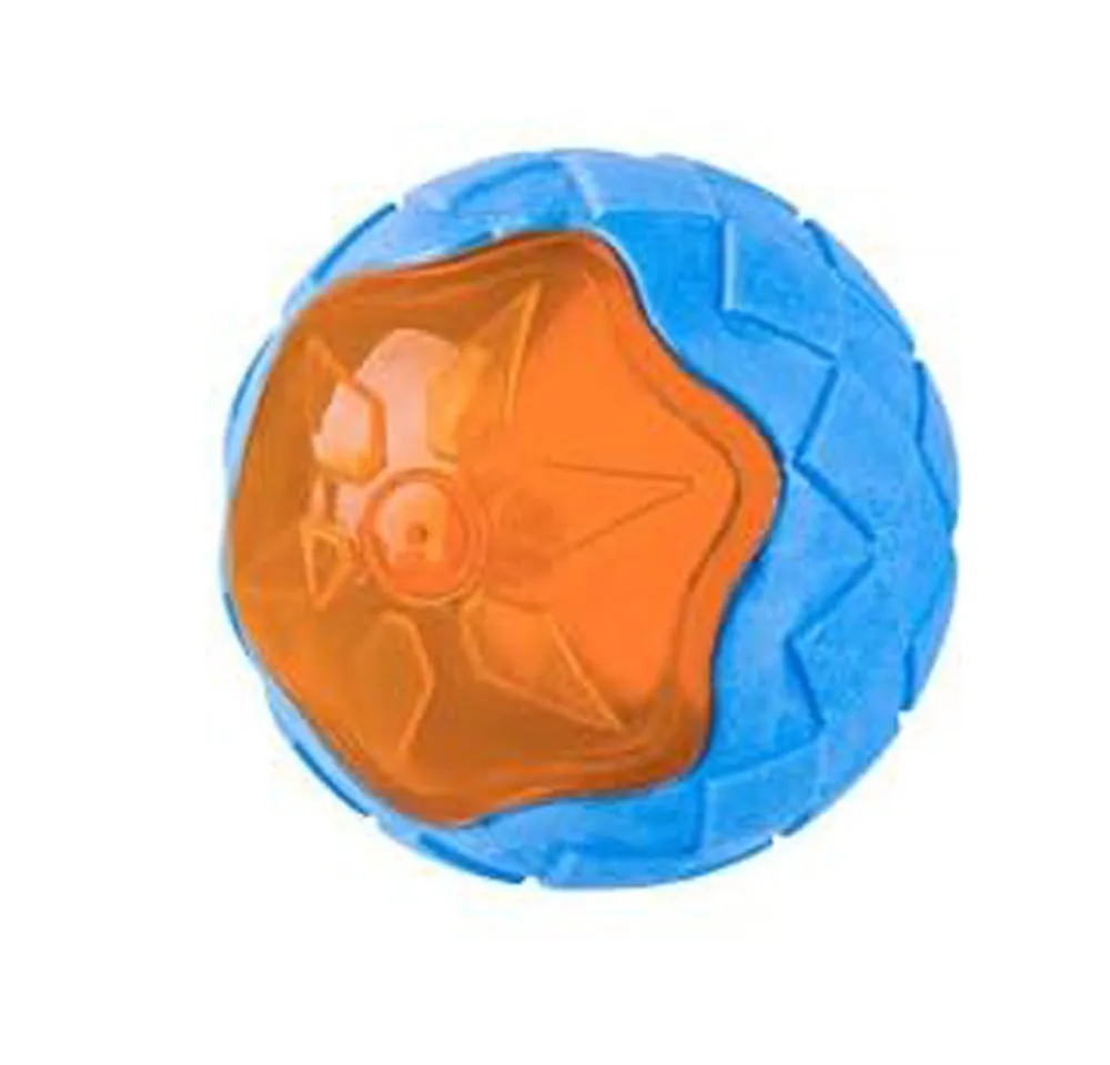 Set of three TPR dog toys: a blue ball, a red barbell, and an orange tyre with bumpy textures.