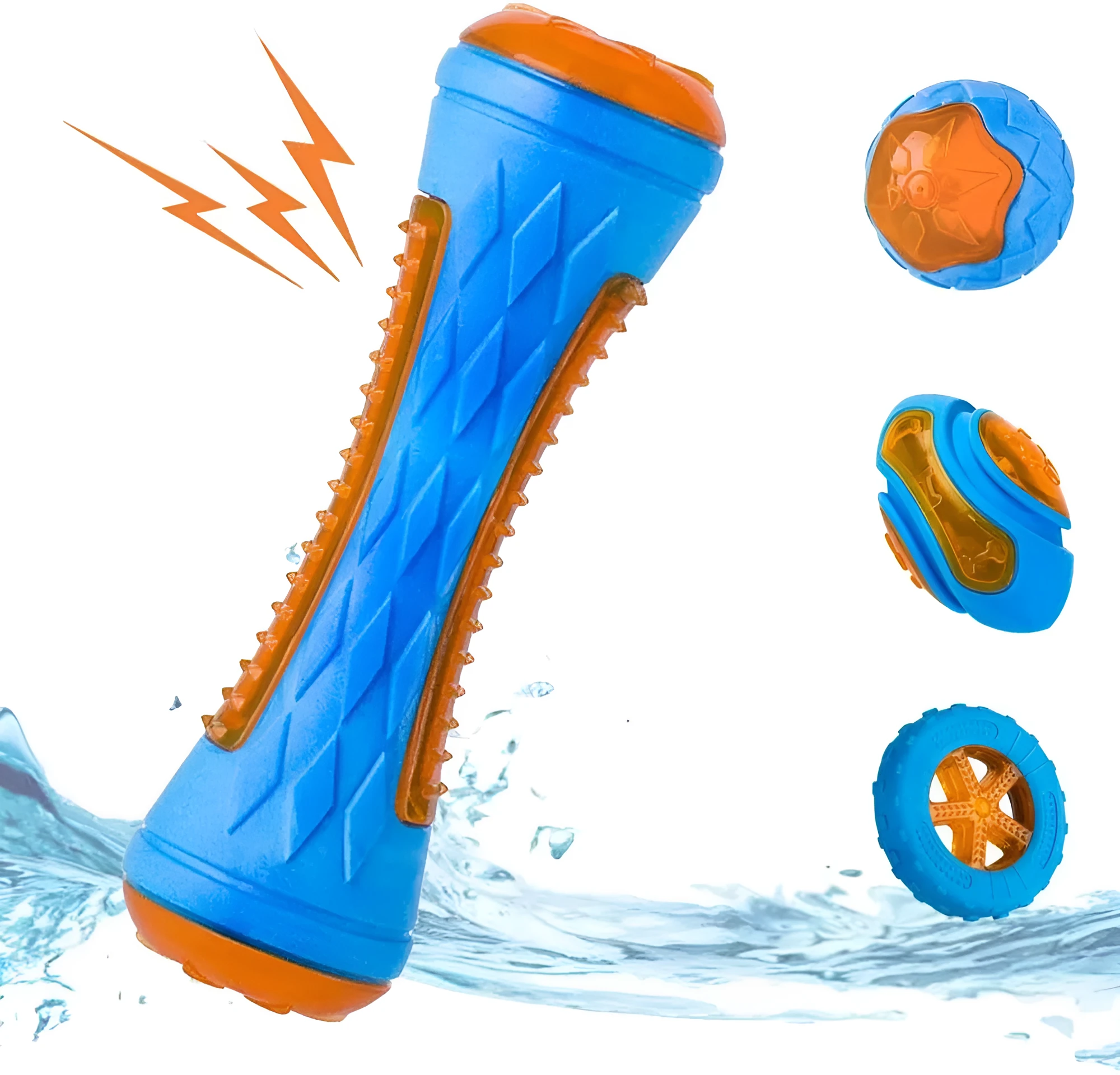 Set of three TPR dog toys: a blue ball, a red barbell, and an orange tyre with bumpy textures.
