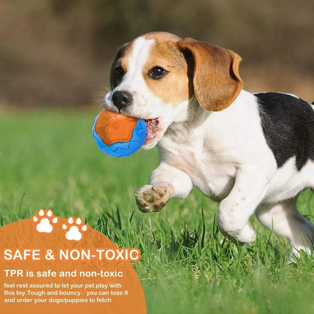 Set of three TPR dog toys: a blue ball, a red barbell, and an orange tyre with bumpy textures.