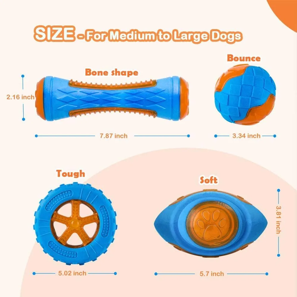 Set of three TPR dog toys: a blue ball, a red barbell, and an orange tyre with bumpy textures.