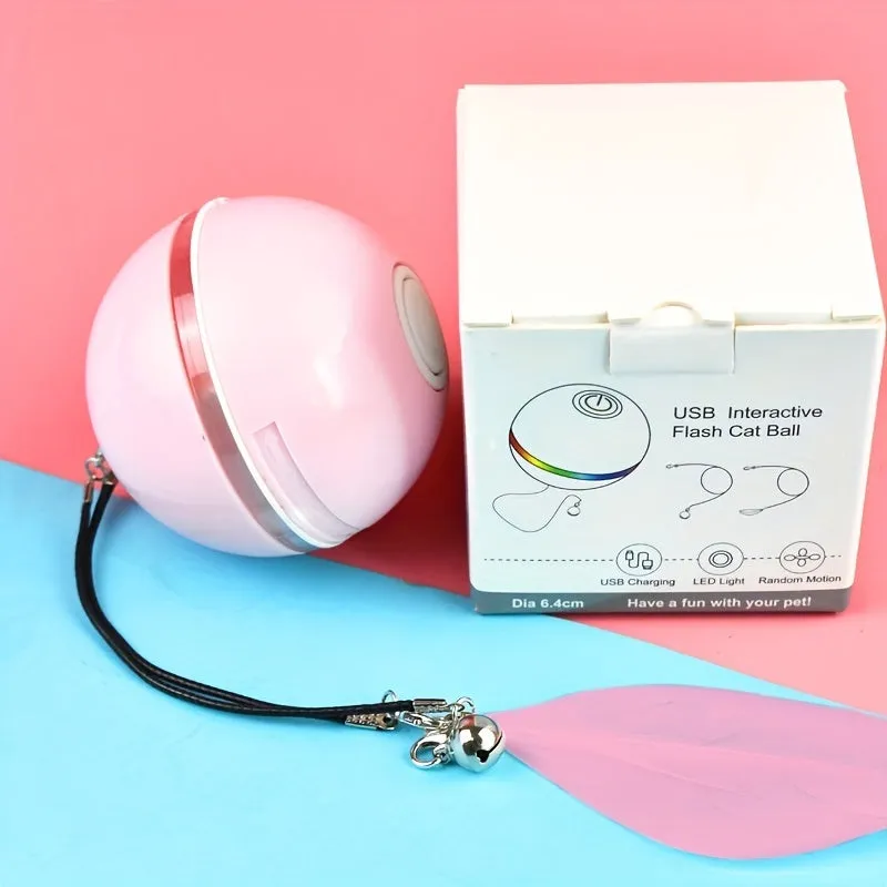 Pink USB rechargeable electric cat toy ball with LED light and feather attachment