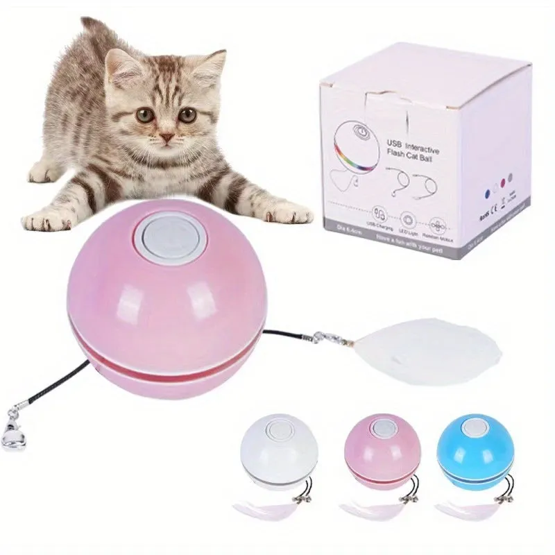 Pink USB rechargeable electric cat toy ball with LED light and feather attachment