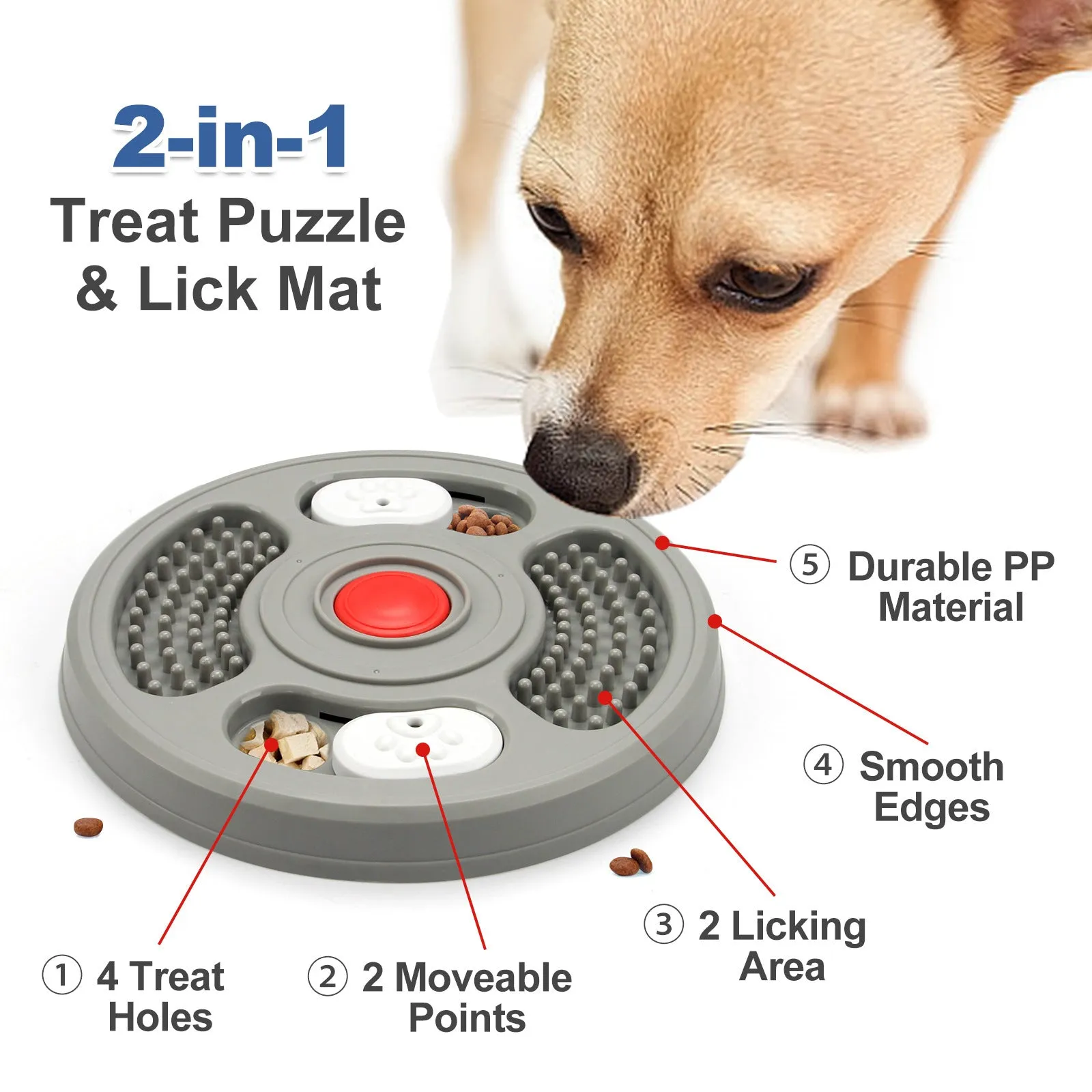 Blue and grey plastic dog slow feeder bowl with anti-slip base and food puzzle grooves