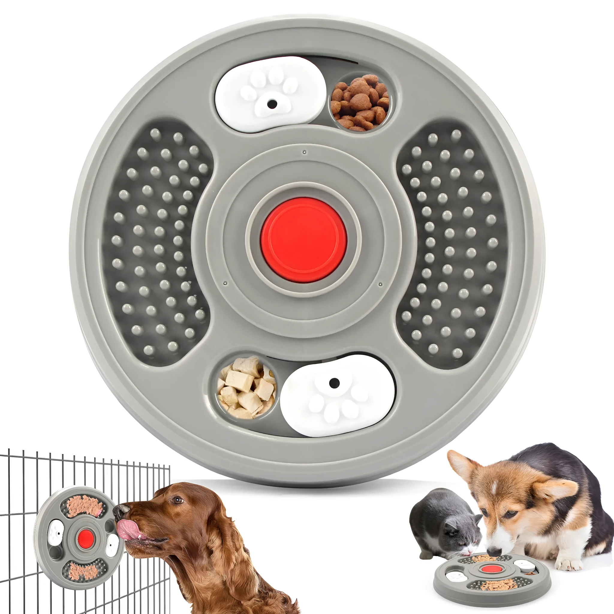 Blue and grey plastic dog slow feeder bowl with anti-slip base and food puzzle grooves