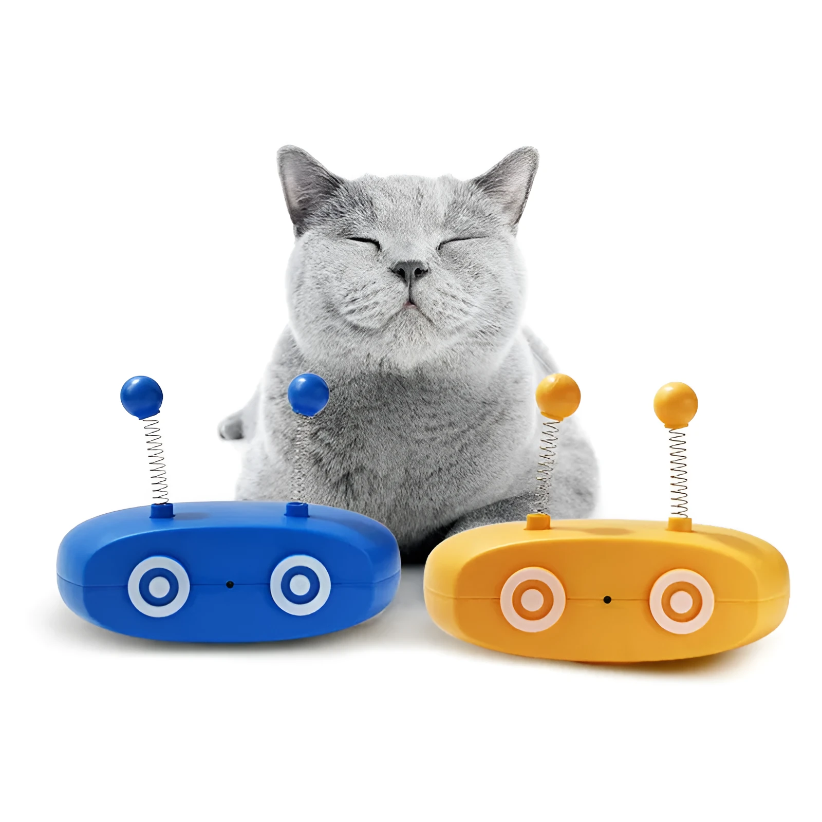USB rechargeable electric laser cat toy with detachable feather wand in blue, grey, or yellow.
