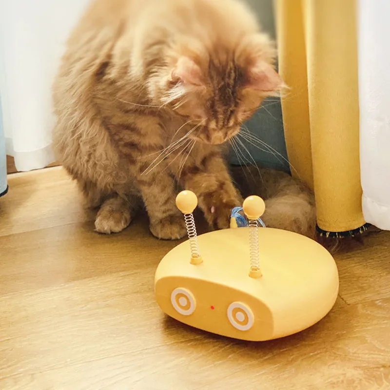 USB rechargeable electric laser cat toy with detachable feather wand in blue, grey, or yellow.