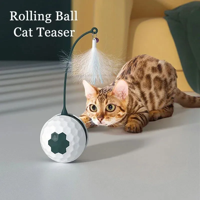 Red automatic cat toy with feather attachment showing tumbler design and USB charging port