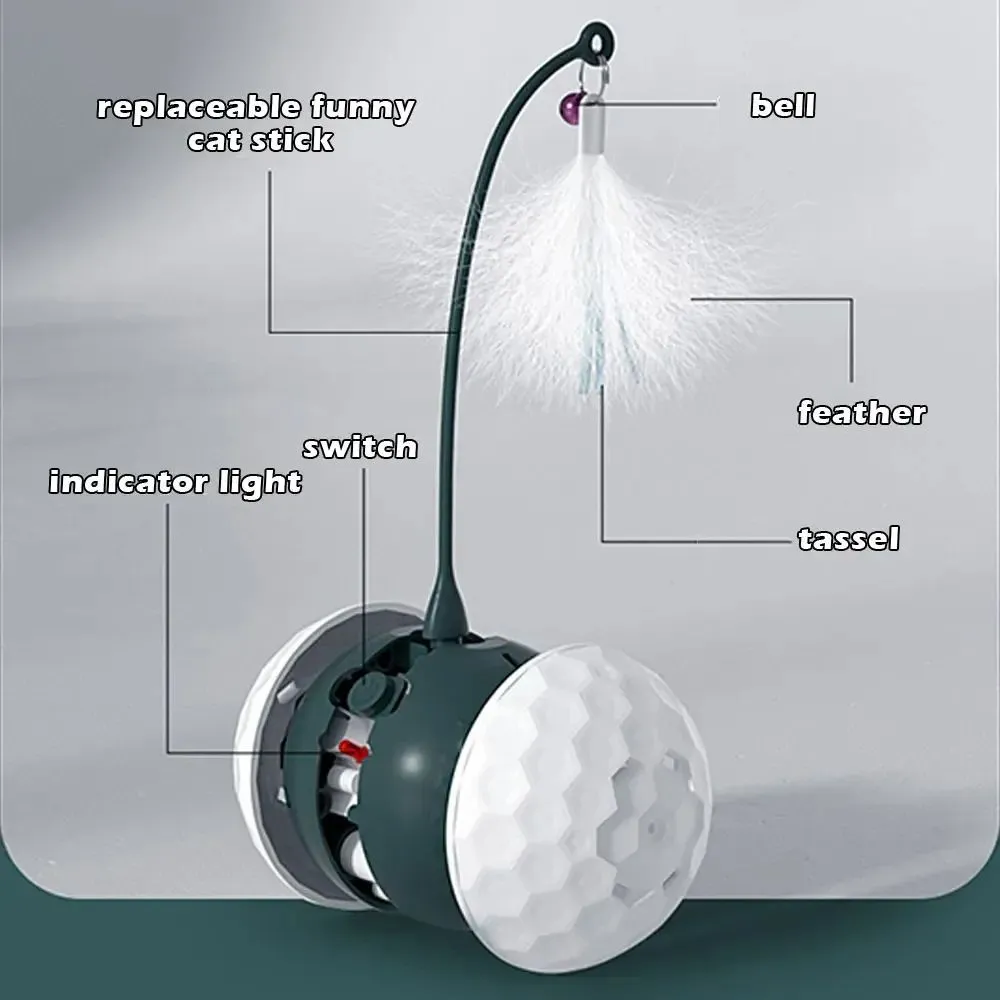 Red automatic cat toy with feather attachment showing tumbler design and USB charging port