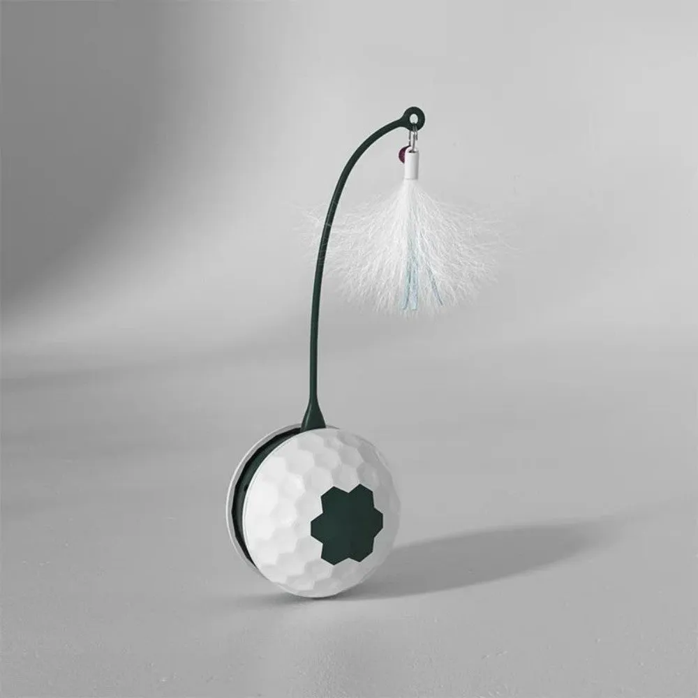 Red automatic cat toy with feather attachment showing tumbler design and USB charging port