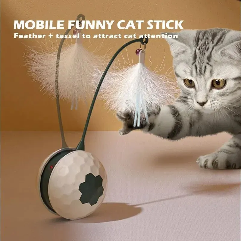 Red automatic cat toy with feather attachment showing tumbler design and USB charging port
