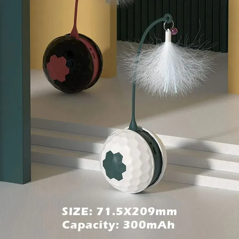 Red automatic cat toy with feather attachment showing tumbler design and USB charging port