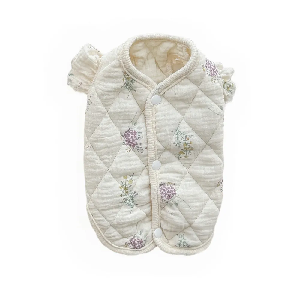 Cotton-padded pet clothes in Chinese ink style or lavender colour with vest or flounced sleeve designs