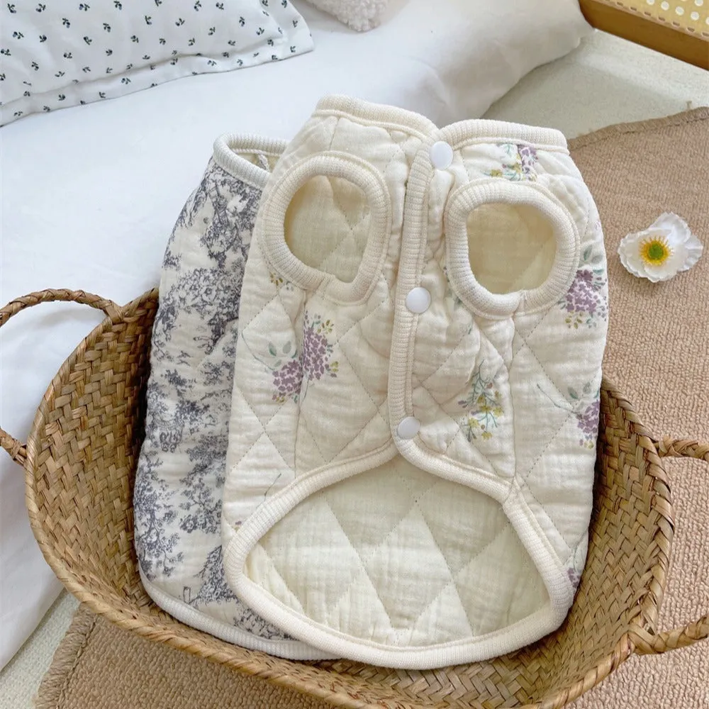 Cotton-padded pet clothes in Chinese ink style or lavender colour with vest or flounced sleeve designs