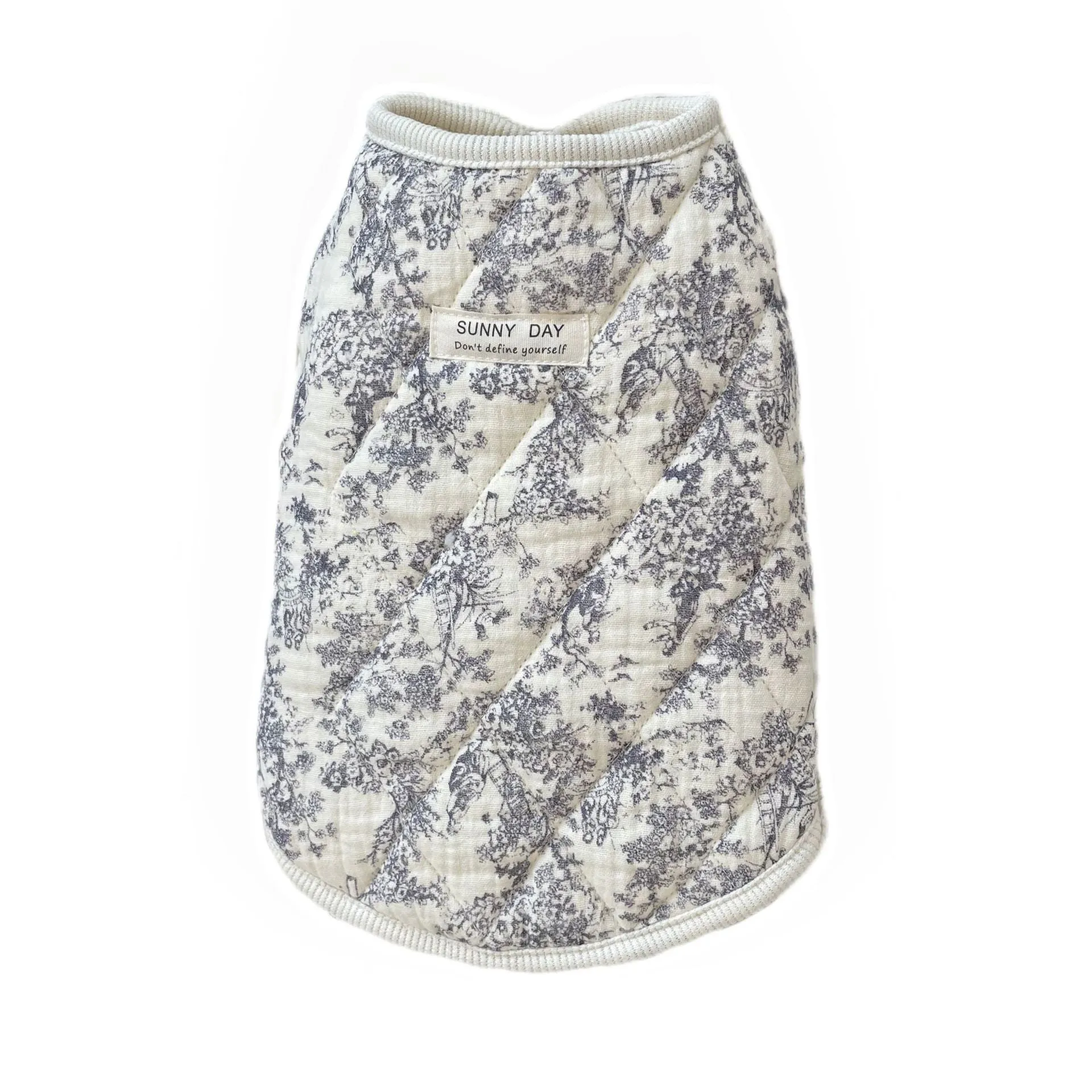 Cotton-padded pet clothes in Chinese ink style or lavender colour with vest or flounced sleeve designs