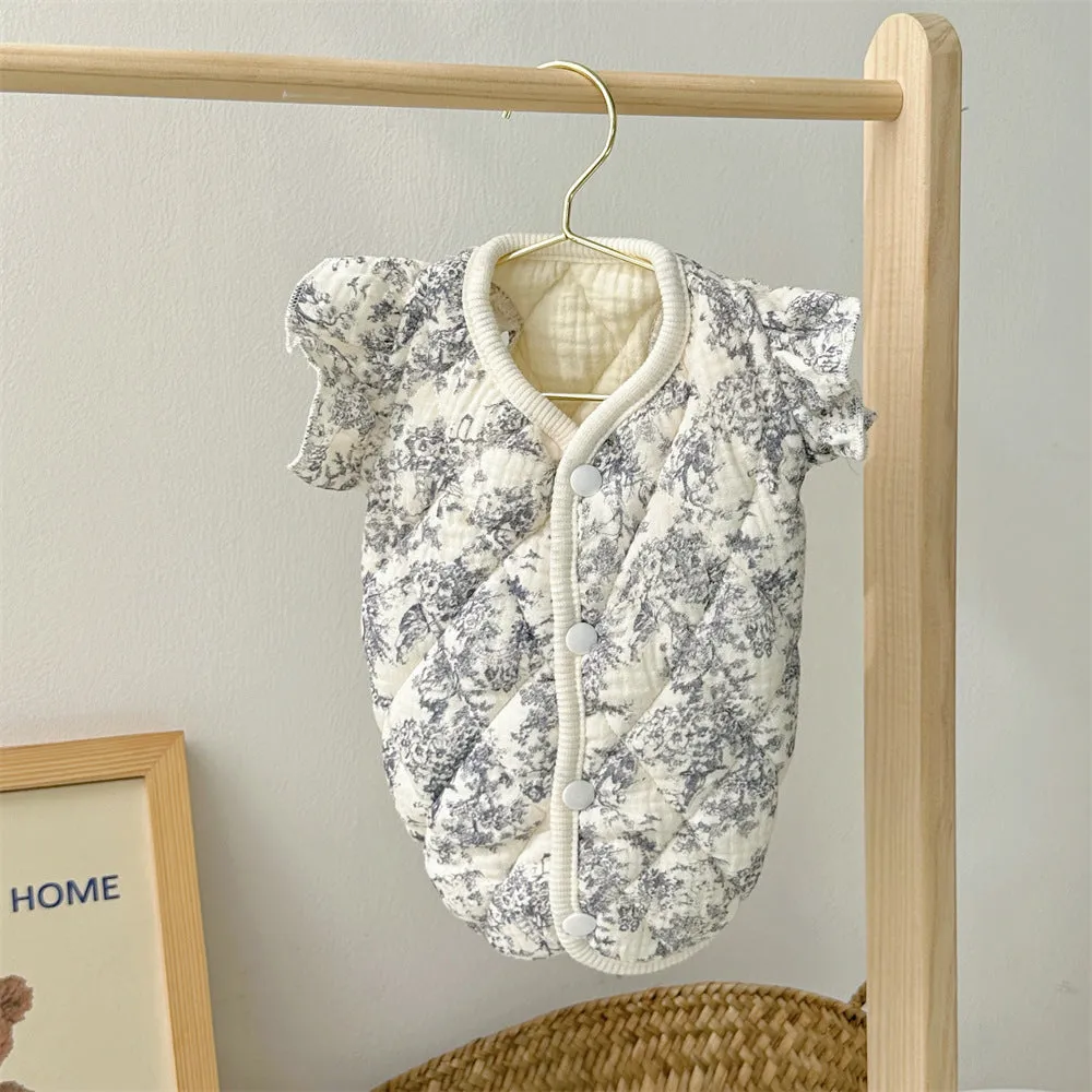 Cotton-padded pet clothes in Chinese ink style or lavender colour with vest or flounced sleeve designs