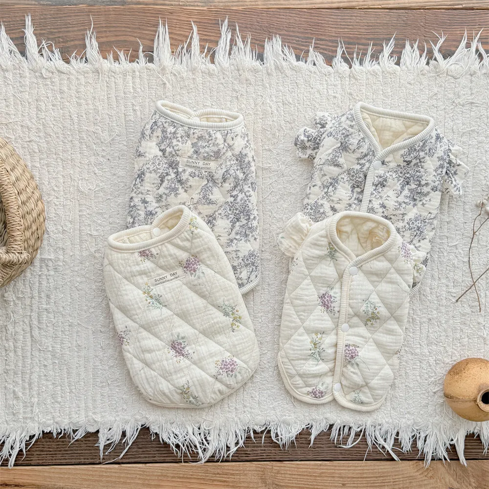 Cotton-padded pet clothes in Chinese ink style or lavender colour with vest or flounced sleeve designs