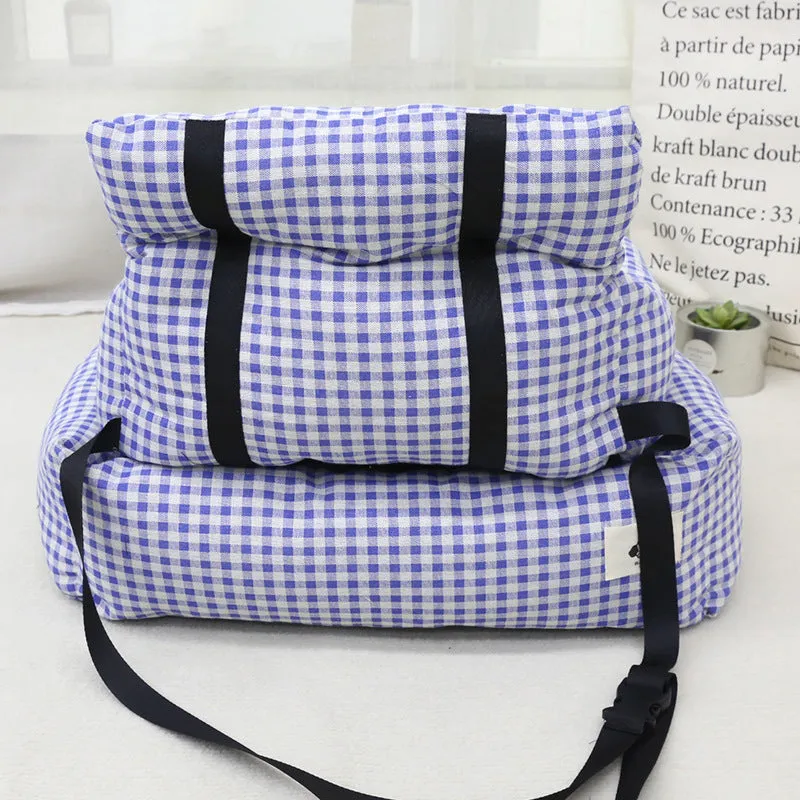 Grey and blue plaid car-mounted cloth nest for dogs, shown in small and large size options.